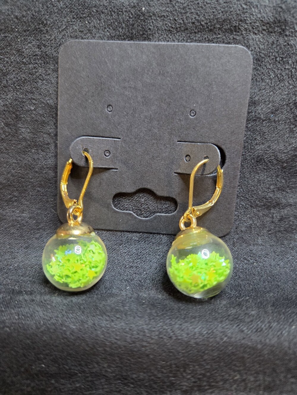 Gold Leverback Earrings with Neon Green Globe Drops